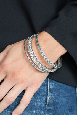 Paparazzi Glitzy Grunge - White Rhinestones - Silver Bangles - Set of 5 Bracelets - $5 Jewelry with Ashley Swint
