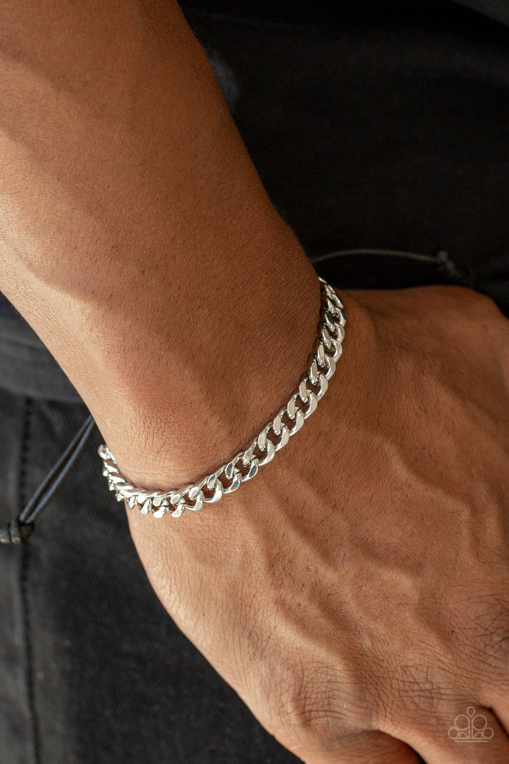 Paparazzi Hurrah - Silver - Beveled Curb Chain - Black Braided Cord - Men's Bracelet - $5 Jewelry with Ashley Swint