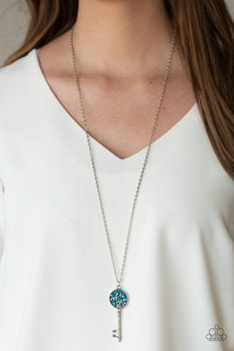 Paparazzi Key Keepsake - Blue - Glittery Hematite Rhinestones - Silver Key - Necklace & Earrings - $5 Jewelry with Ashley Swint