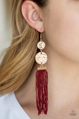 Paparazzi Lotus Gardens -  - Red Cording / Thread / Tassel Streams - Gold Hammered Discs - Earrings - $5 Jewelry with Ashley Swint