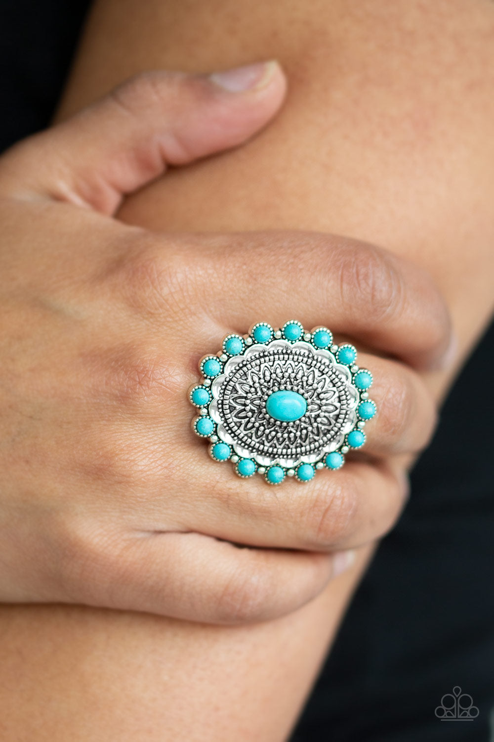 Paparazzi Mesa Mandala - Blue - Turquoise Stone - Silver Floral Embossed - Ring - $5 Jewelry with Ashley Swint