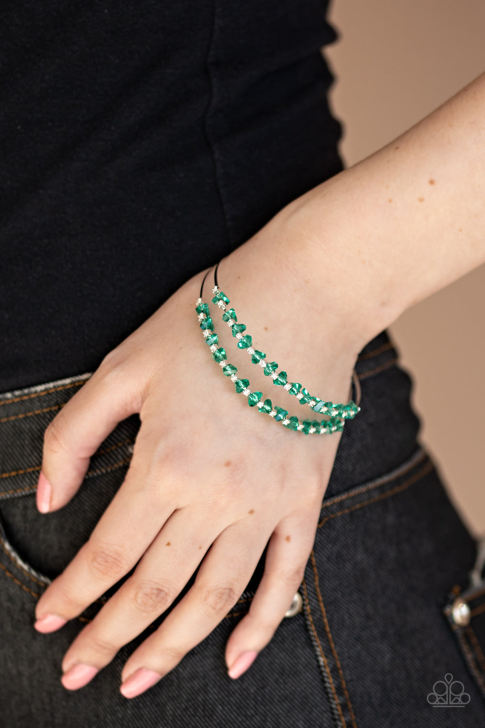 Paparazzi Prismatic Posh - GREEN - Faceted Beads - White Rhinestones - Cuff Bracelet - $5 Jewelry with Ashley Swint
