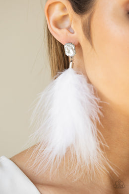 Paparazzi The SHOWGIRL Must Go On! - White - Soft Feather - White Rhinestones - Earrings - $5 Jewelry with Ashley Swint
