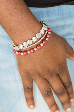 Paparazzi Girly Girl Glamour - Red Pearly Beads / Silver - Set of 3 Bracelets - $5 Jewelry With Ashley Swint
