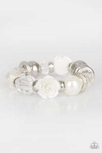 Paparazzi Here I Am - White - Pearly Beads - White Rose - Stretchy Bracelet - $5 Jewelry With Ashley Swint