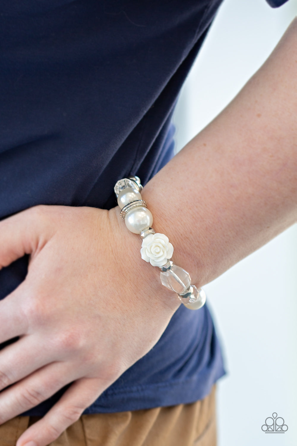 Paparazzi Here I Am - White - Pearly Beads - White Rose - Stretchy Bracelet - $5 Jewelry With Ashley Swint