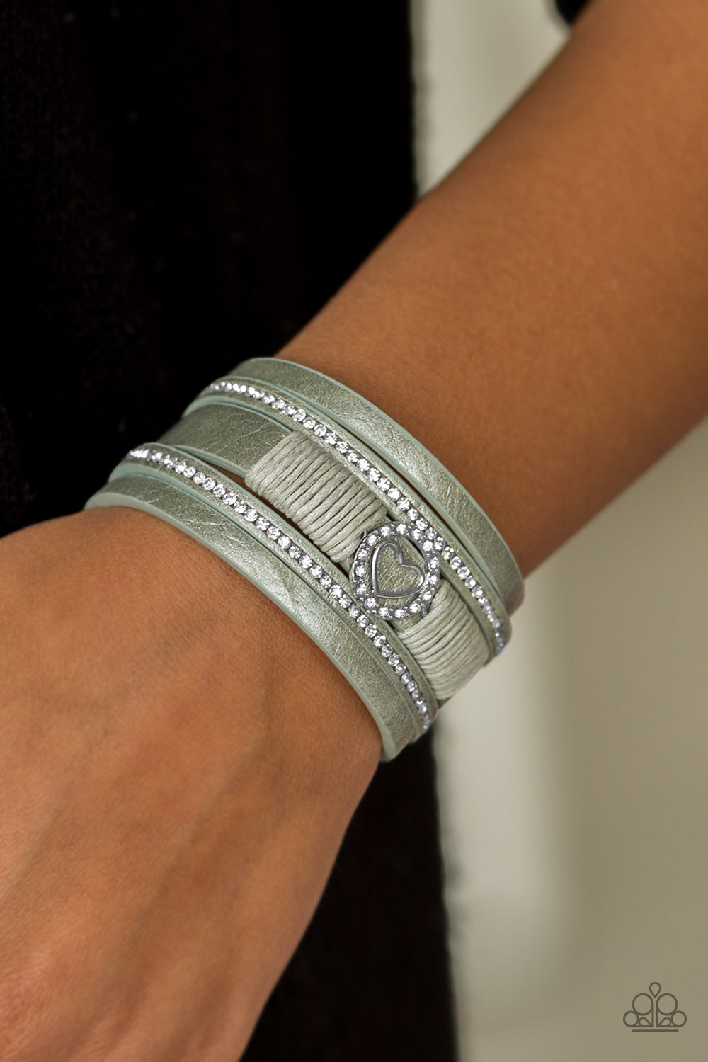 Paparazzi It Takes Heart - Green Leather  - White Rhinestones Bracelet - $5 Jewelry With Ashley Swint