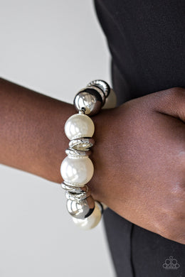 Paparazzi Rockin Rockefeller - White Pearls - Shiny Silver Beads - Stretchy Band Bracelet - $5 Jewelry With Ashley Swint