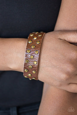Paparazzi Shine On You Crazy Diamond - Brass - Aurum Rhinestones - Brown Leather Bracelet - $5 Jewelry With Ashley Swint