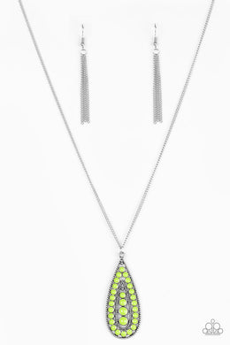 Paparazzi Tiki Tease - Green - Teardrop - Silver Chain Necklace & Earrings - $5 Jewelry With Ashley Swint
