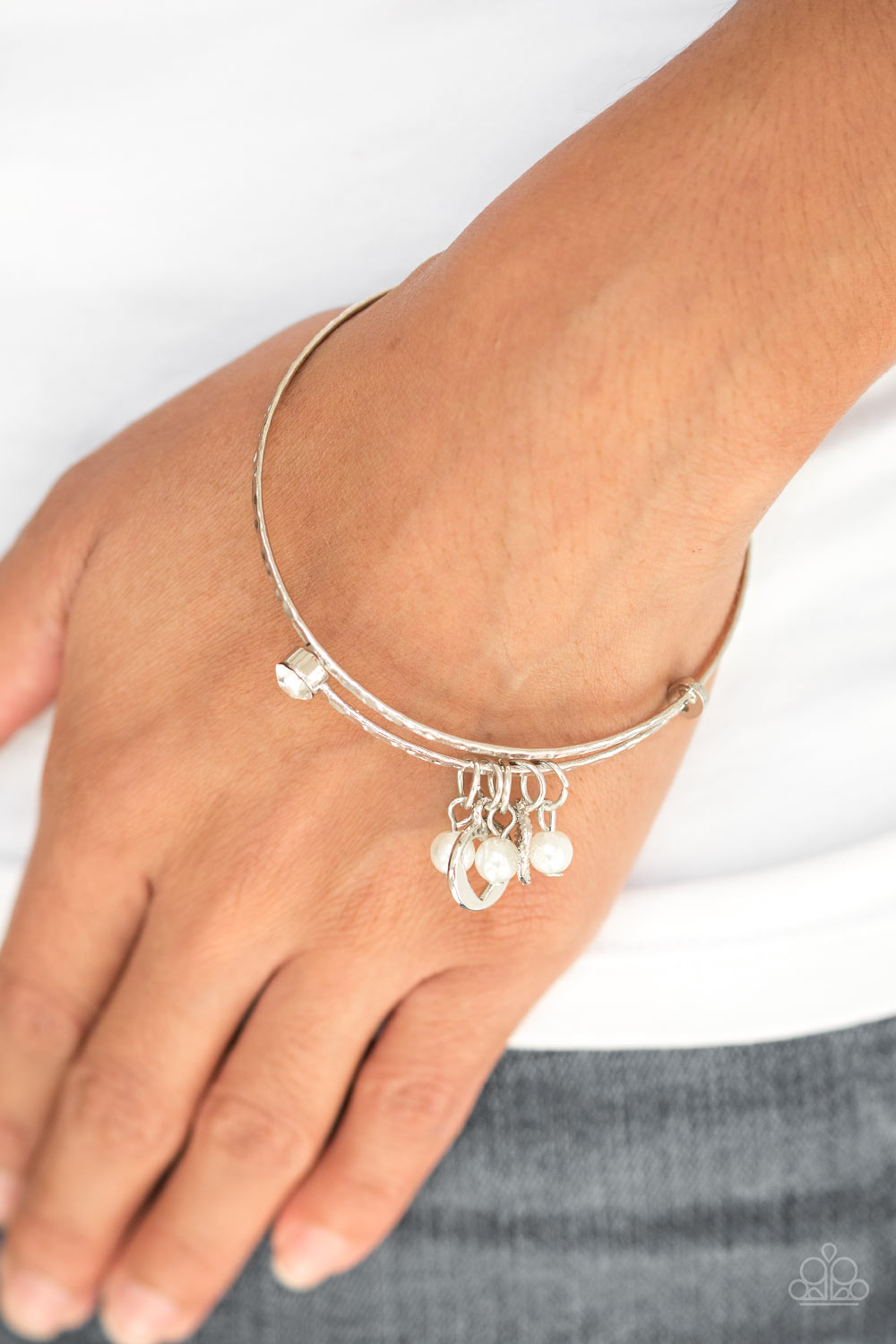 Paparazzi Truly True Love - White beads - Silver wire coils - Heart charms - Bracelet - $5 Jewelry With Ashley Swint
