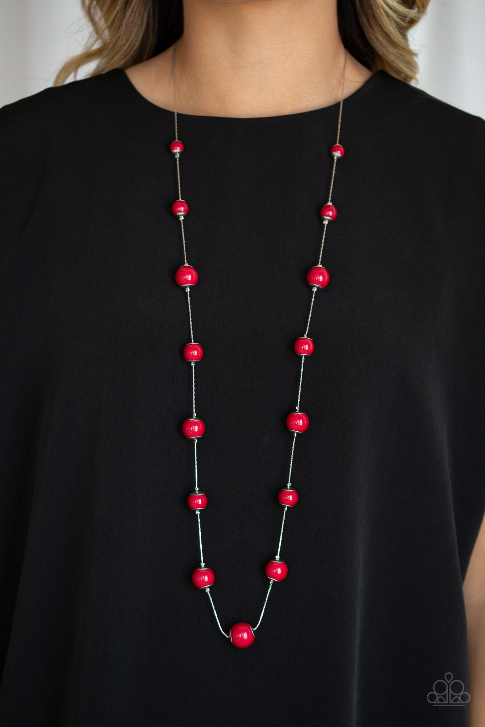 Paparazzi 5th Avenue Frenzy - Red Beads - Silver Necklace and matching Earrings - $5 Jewelry With Ashley Swint
