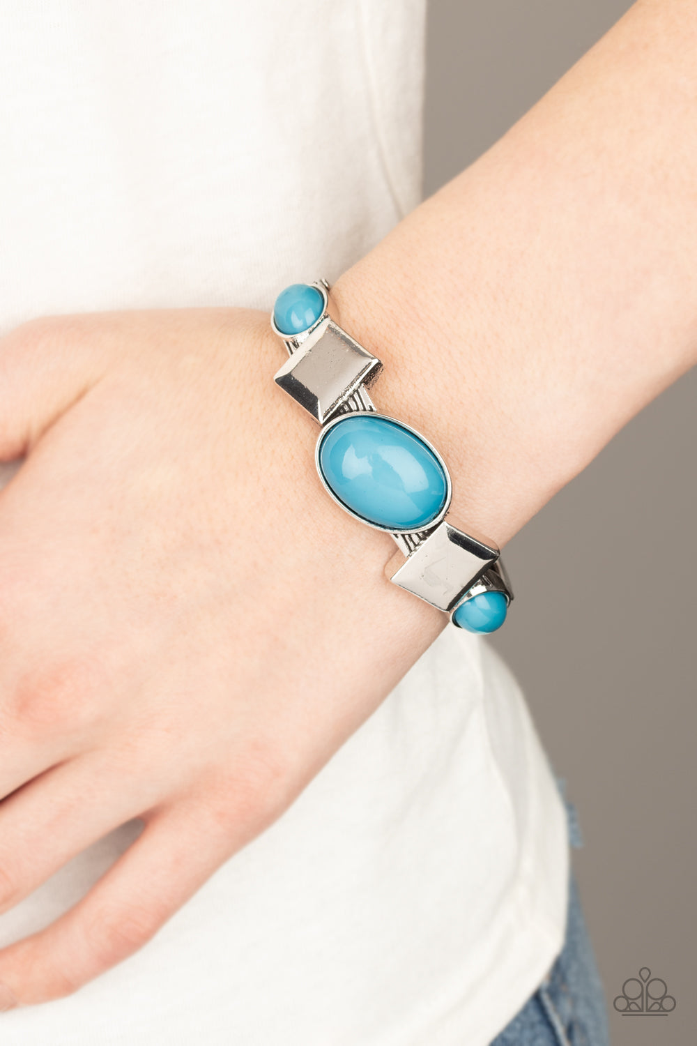 Paparazzi Abstract Appeal - BLUE - Mosaic Oval Beads - Antiqued Silver - Hinged Bracelet - $5 Jewelry with Ashley Swint