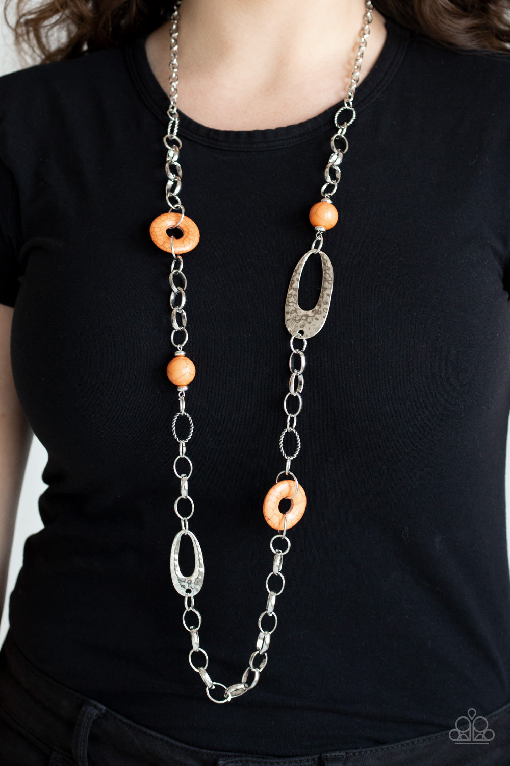 Paparazzi Artisan Artifact - Orange Stone Beads - Silver Rings - Hammered Necklace & Earrings - $5 Jewelry With Ashley Swint