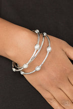 Load image into Gallery viewer, Paparazzi Bangle Belle - White Pearly Beads - Hammered in Shimmer - Set of 3 Bangle Bracelets - $5 Jewelry with Ashley Swint
