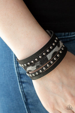 Paparazzi Born To Be WILDCAT - Silver - Black Leather - Fuzzy Cheetah - Bracelet - $5 Jewelry with Ashley Swint