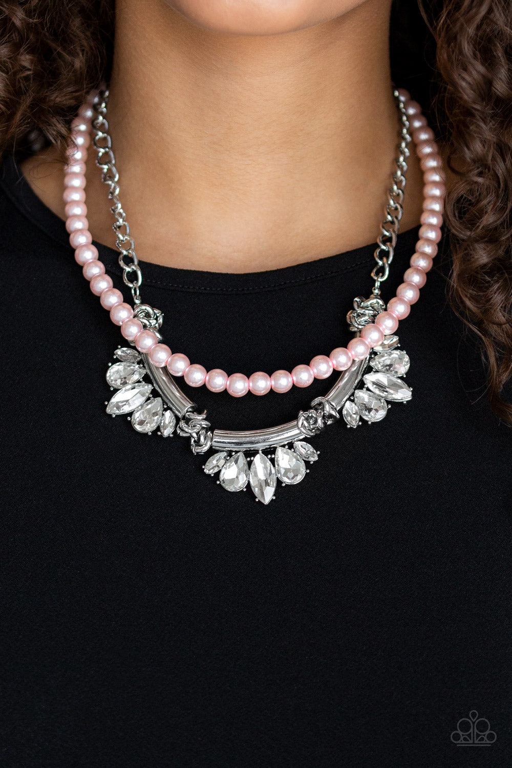 Paparazzi Bow Before The Queen - Pink Pearls Rhinestone Necklace - Life of the Party Exclusive July 2019 - $5 Jewelry with Ashley Swint