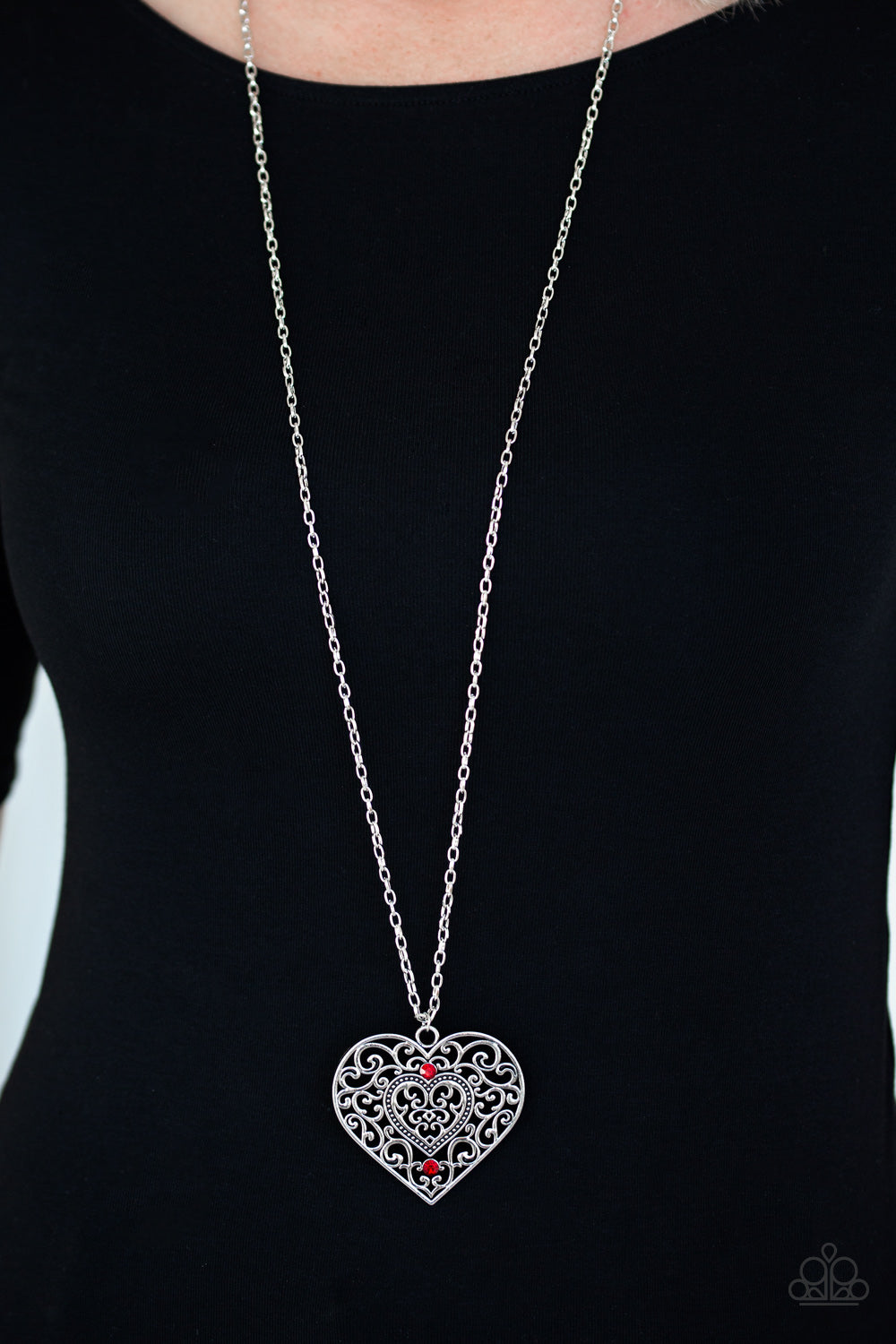 Paparazzi Classic Casanova - Red Rhinestones - Silver Heart - Necklace & Earrings - $5 Jewelry With Ashley Swint