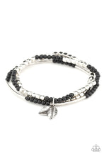 Load image into Gallery viewer, Paparazzi Desert Wanderer - Black - Feather Leaf Charm - Silver Beads - Stretchy Bracelet - $5 Jewelry with Ashley Swint
