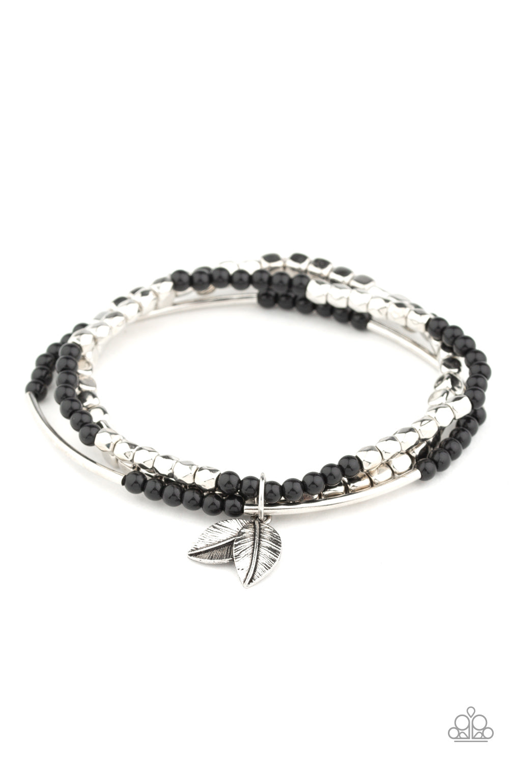 Paparazzi Desert Wanderer - Black - Feather Leaf Charm - Silver Beads - Stretchy Bracelet - $5 Jewelry with Ashley Swint