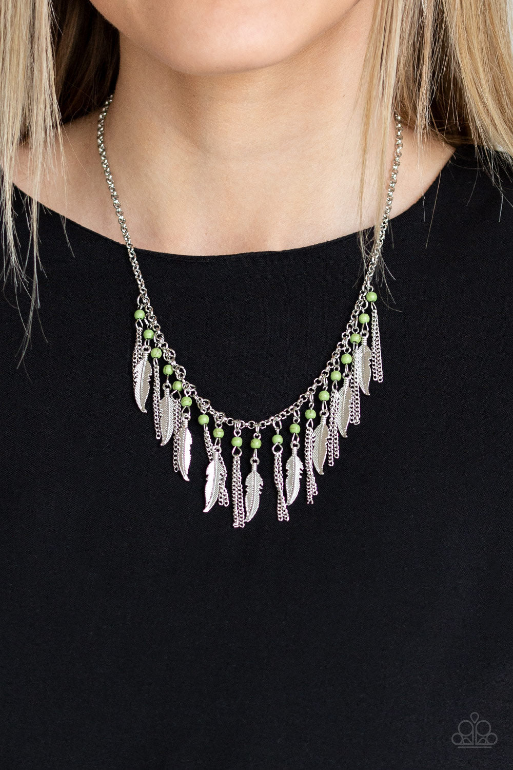 Paparazzi Feathered Ferocity - Green Stones - Feathers Necklace and matching Earrings - $5 Jewelry with Ashley Swint