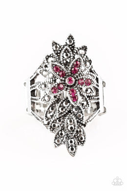 Paparazzi Formal Floral - Pink - Rhinestones Flower - Whimsical Finish - Ring - $5 Jewelry with Ashley Swint