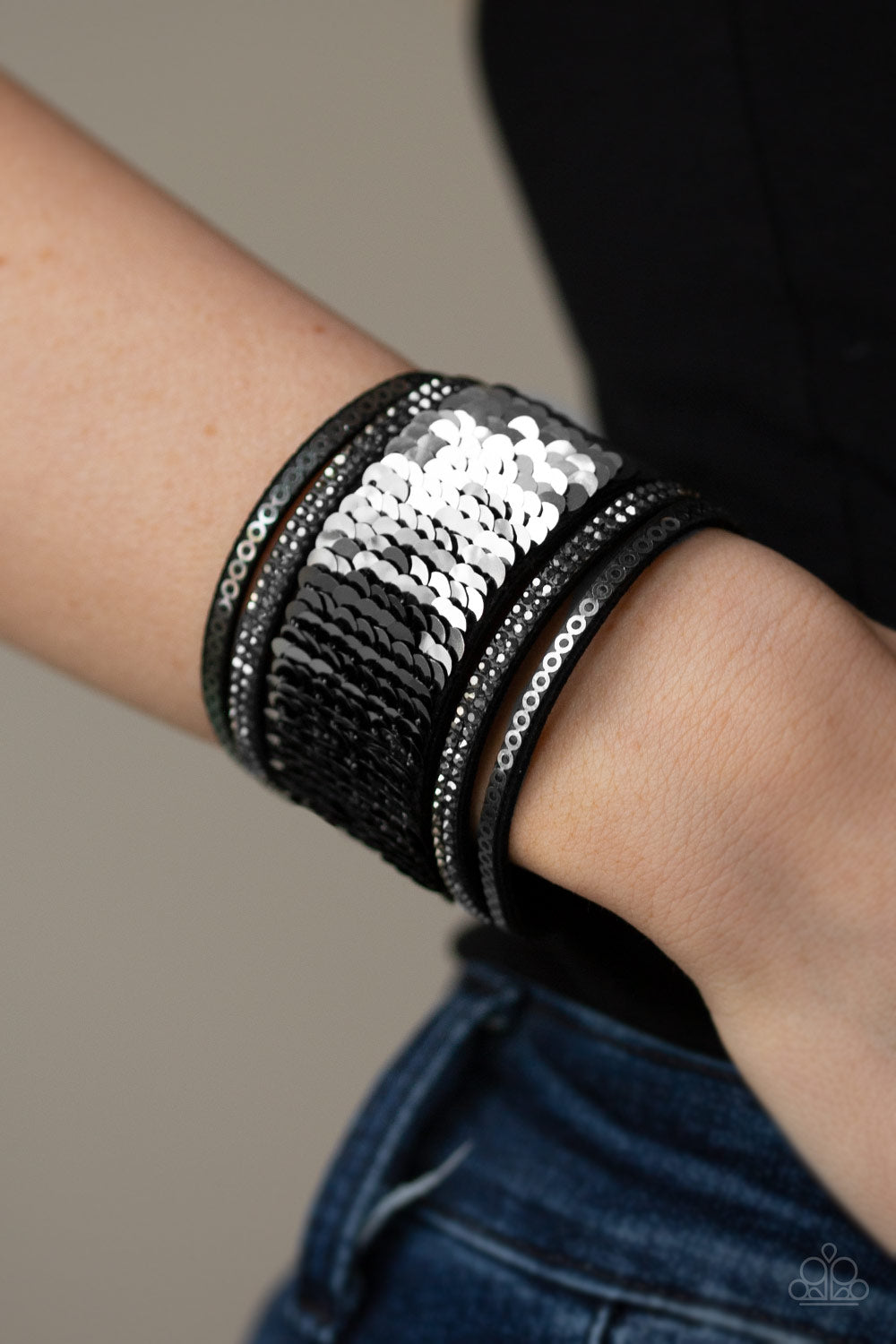 Paparazzi Heads Or MERMAID Tails - Black / Silver - Rhinestones - Black Suede Wrap / Snap Bracelet - $5 Jewelry with Ashley Swint