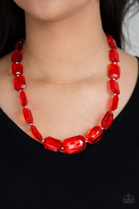Paparazzi ICE Versa - Red Emerald Cut Glassy Acrylic - Silver Chain Necklace & Earrings - $5 Jewelry with Ashley Swint