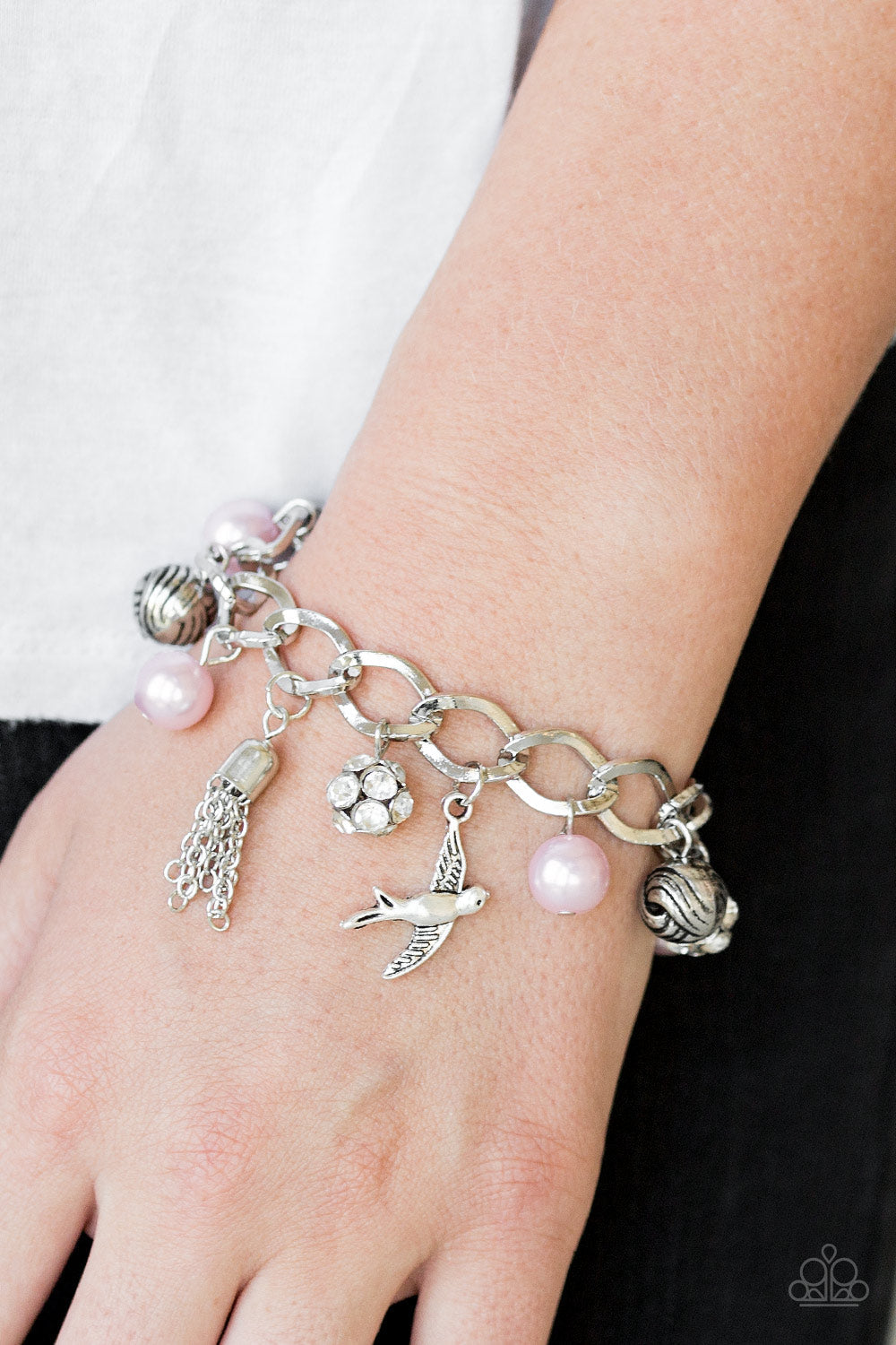 Paparazzi Lady Love Dove - PINK Pearls - White Rhinestones - Silver Charm Bracelet - $5 Jewelry with Ashley Swint