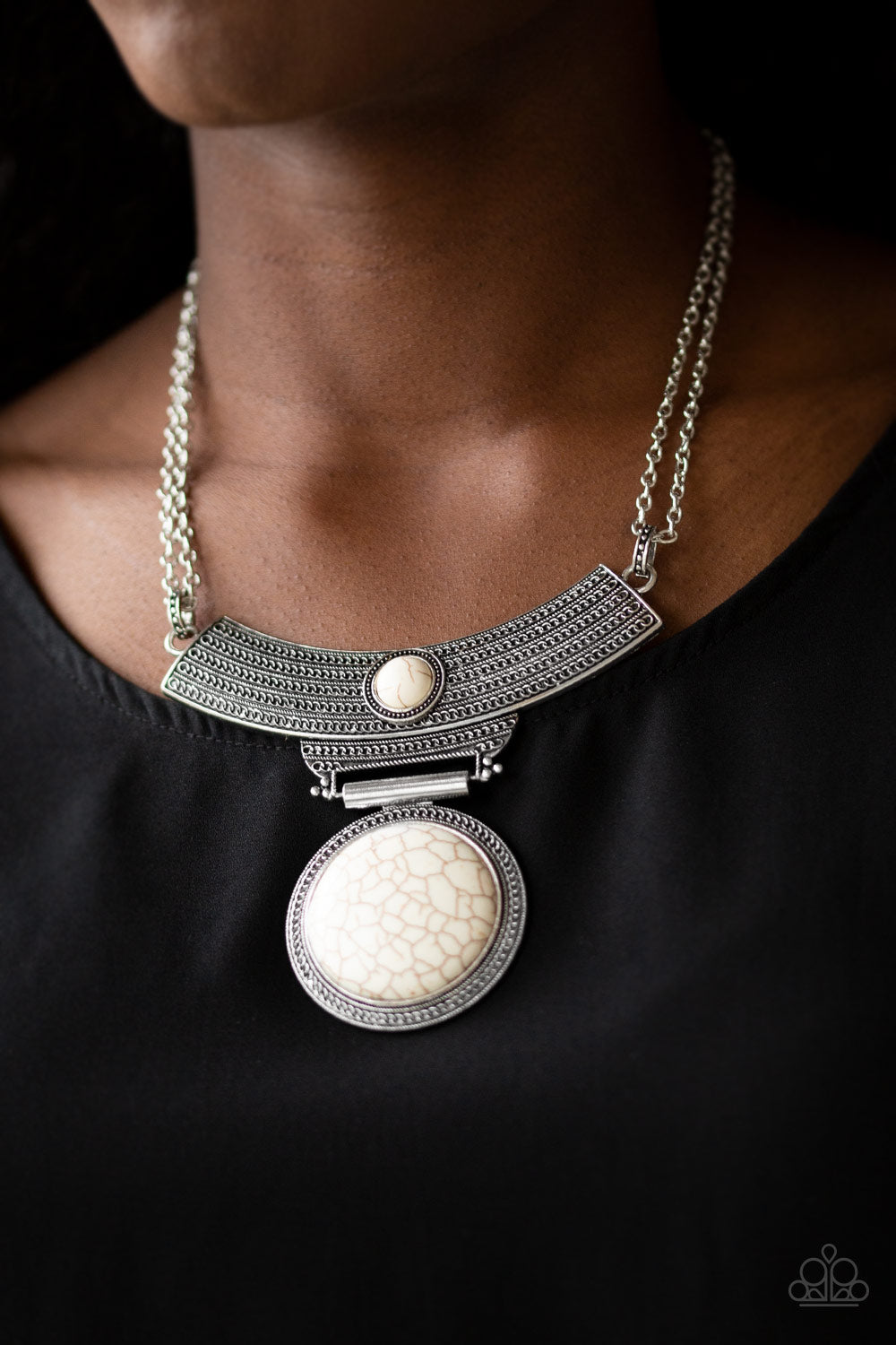 Paparazzi Lasting EMPRESS-ions - White Crackle Stone - Silver Statement Necklace and matching Earrings - $5 Jewelry With Ashley Swint