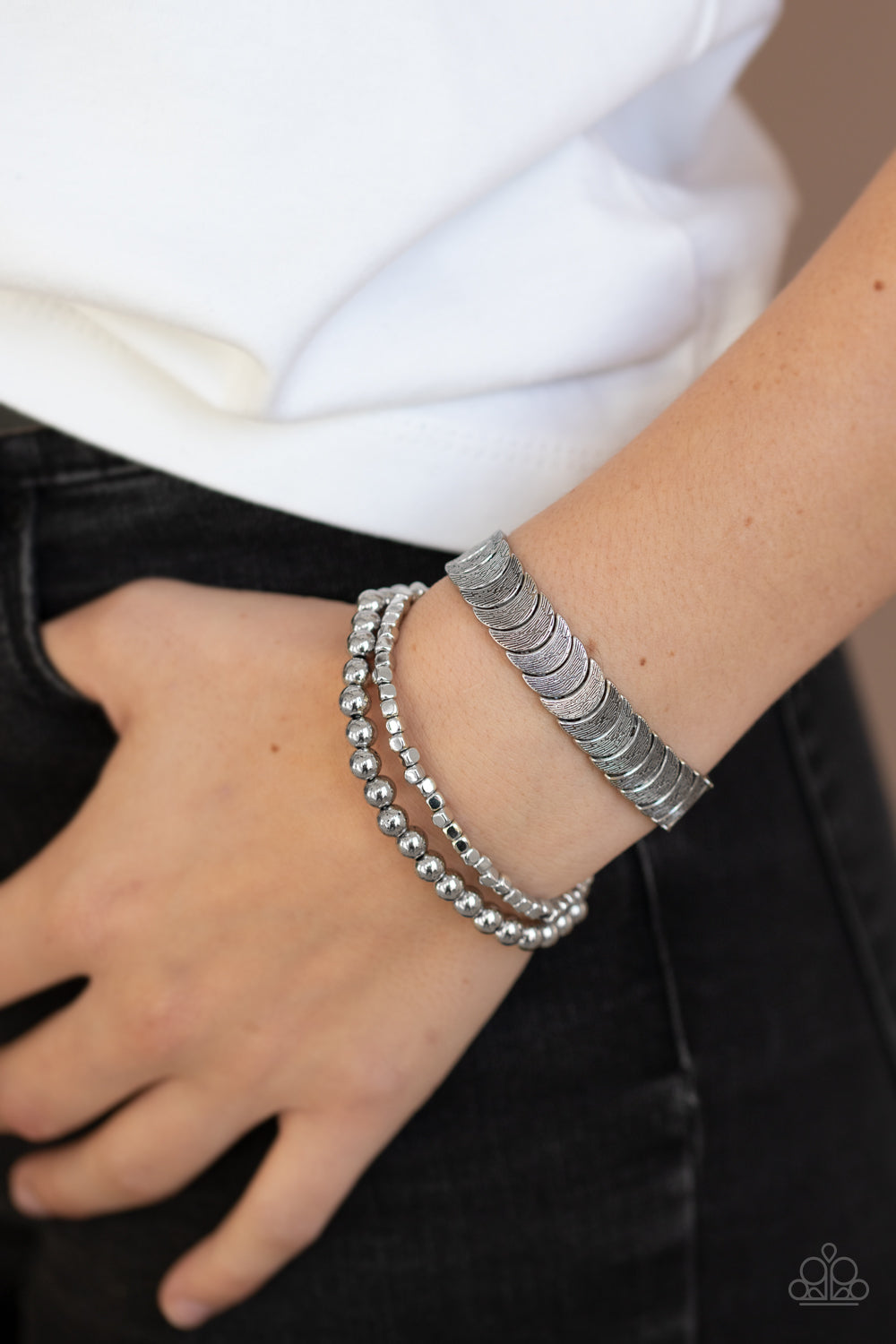 Paparazzi LAYER It On Me - Silver - Stretchy Band - Set of 3 Bracelets - $5 Jewelry with Ashley Swint