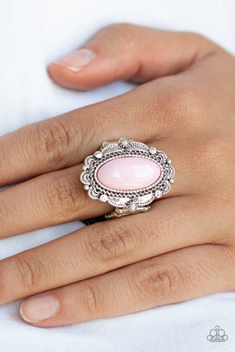Paparazzi Malibu Majestic - Pink Oval Bead - Ornately Scalloped Silver - Ring - $5 Jewelry with Ashley Swint