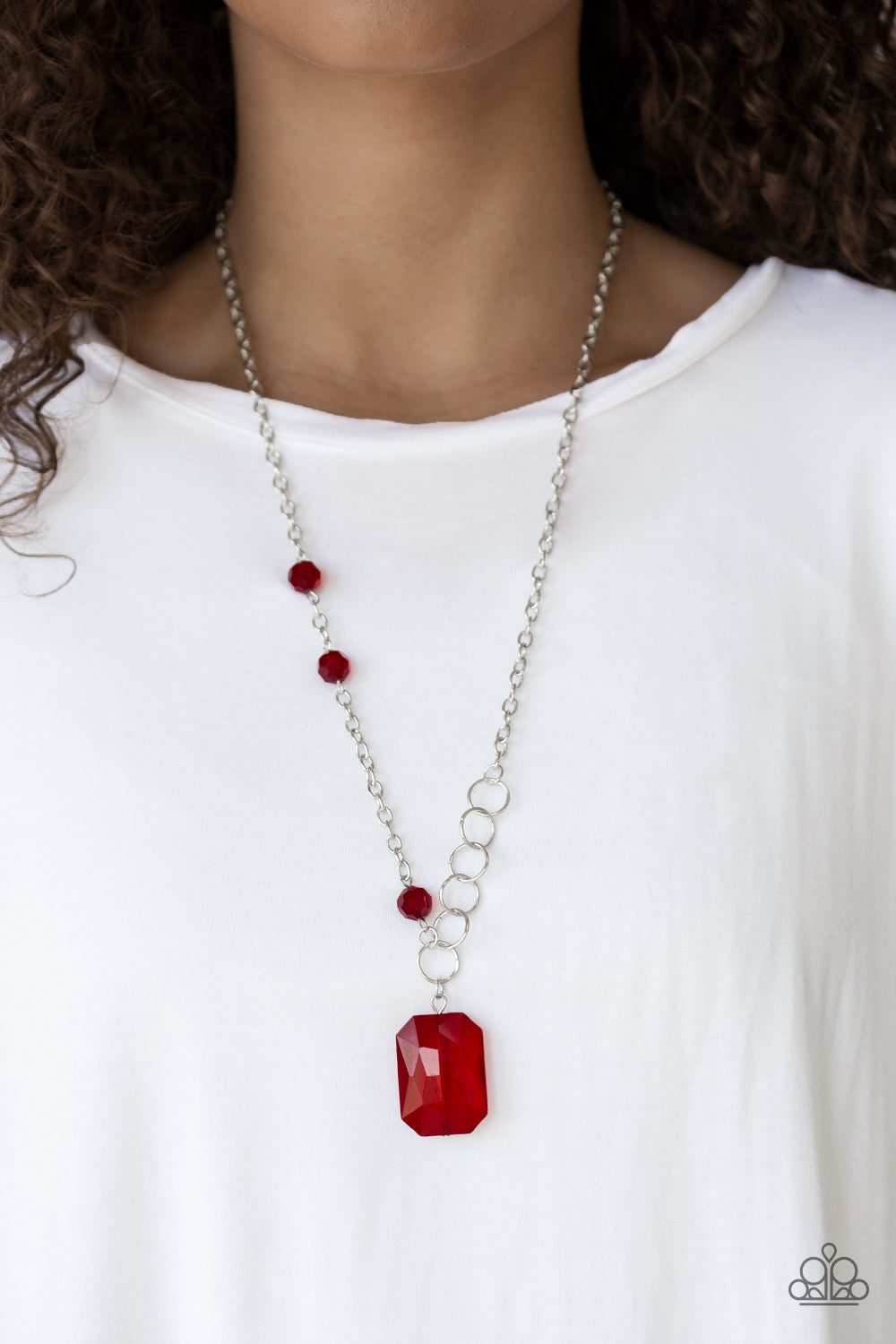 Paparazzi Never a Dull Moment - Red - Emerald Cut Gem - Necklace and matching Earrings - $5 Jewelry with Ashley Swint