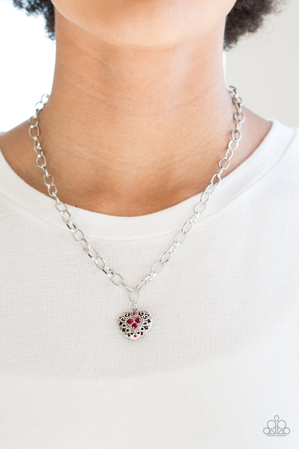 Paparazzi No Love Lost - Red Rhinestones - Silver Locket Heart - Necklace & Earrings - $5 Jewelry with Ashley Swint