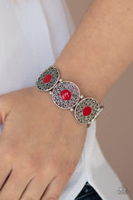 Load image into Gallery viewer, Paparazzi Painted Garden - Red - Frilly Silver Flower - Stretchy Band Bracelet - $5 Jewelry with Ashley Swint