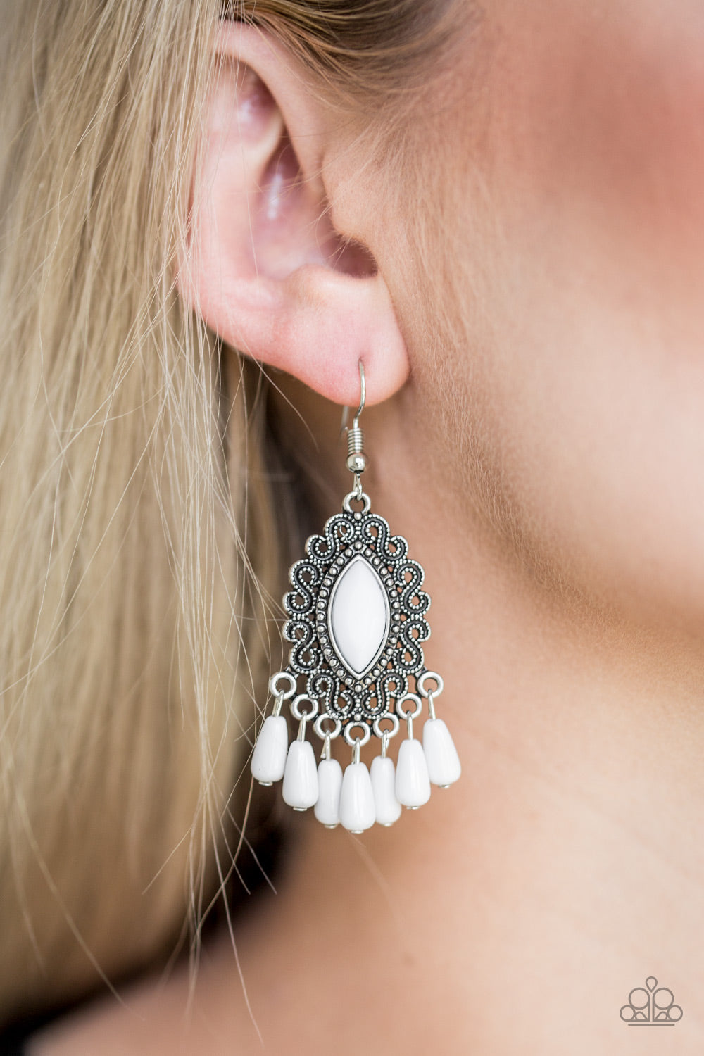 Paparazzi Private Villa - White - Faceted Beads - Antiqued Silver Filigree - Earrings - $5 Jewelry with Ashley Swint
