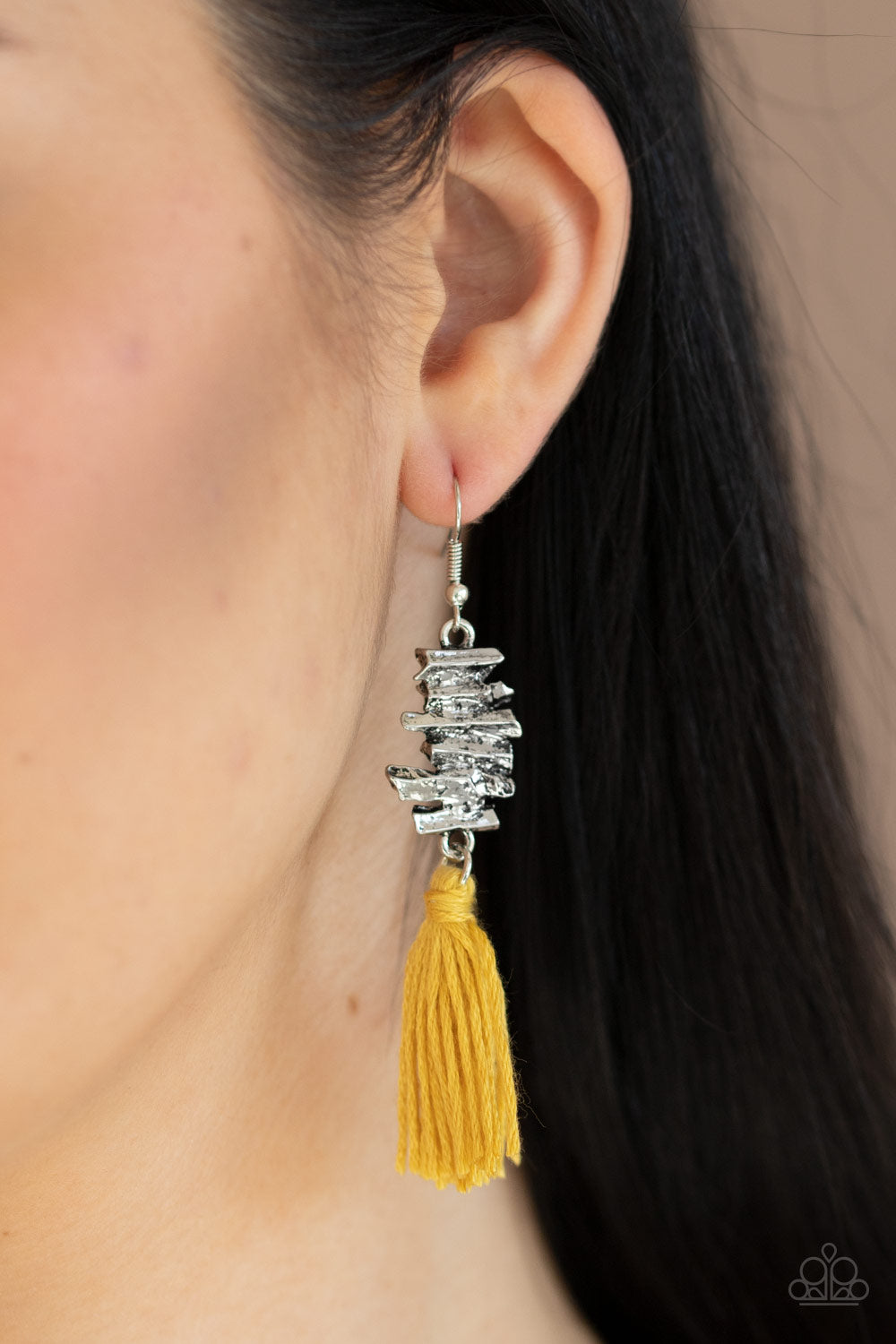 Paparazzi Tiki Tassel - Yellow - Stacked Silver Frame - Thread / Tassel / Fringe - Earrings - $5 Jewelry with Ashley Swint