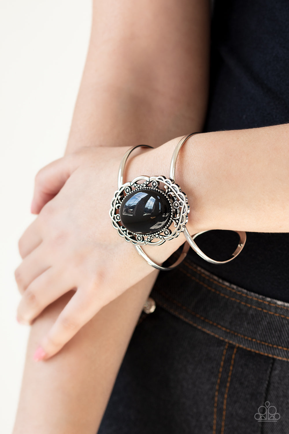 Paparazzi Vibrantly Vibrant - Black Bead - Silver Filigree - Cuff Bracelet - $5 Jewelry with Ashley Swint