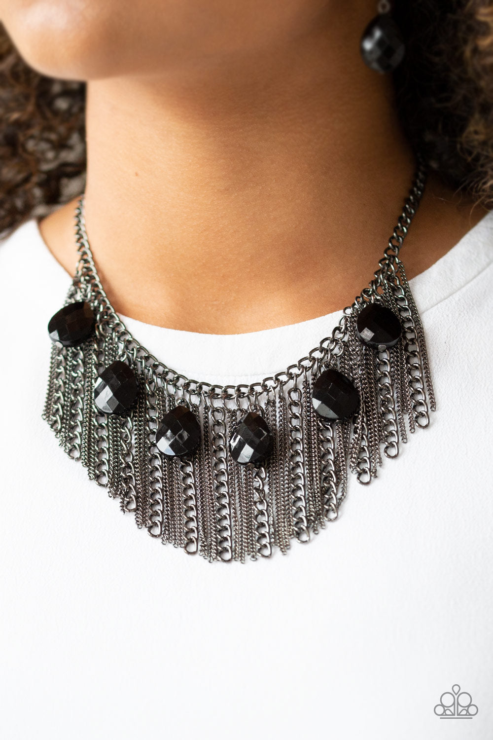 Paparazzi Vixen Conviction - Black Gunmetal Teardrops - Fringe Statement Necklace & Earrings - $5 Jewelry with Ashley Swint