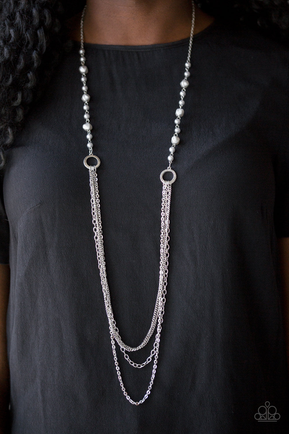 Paparazzi Contemporary Cadence - Silver Pearls - Multi Chains - Necklace and matching Earrings - $5 Jewelry With Ashley Swint