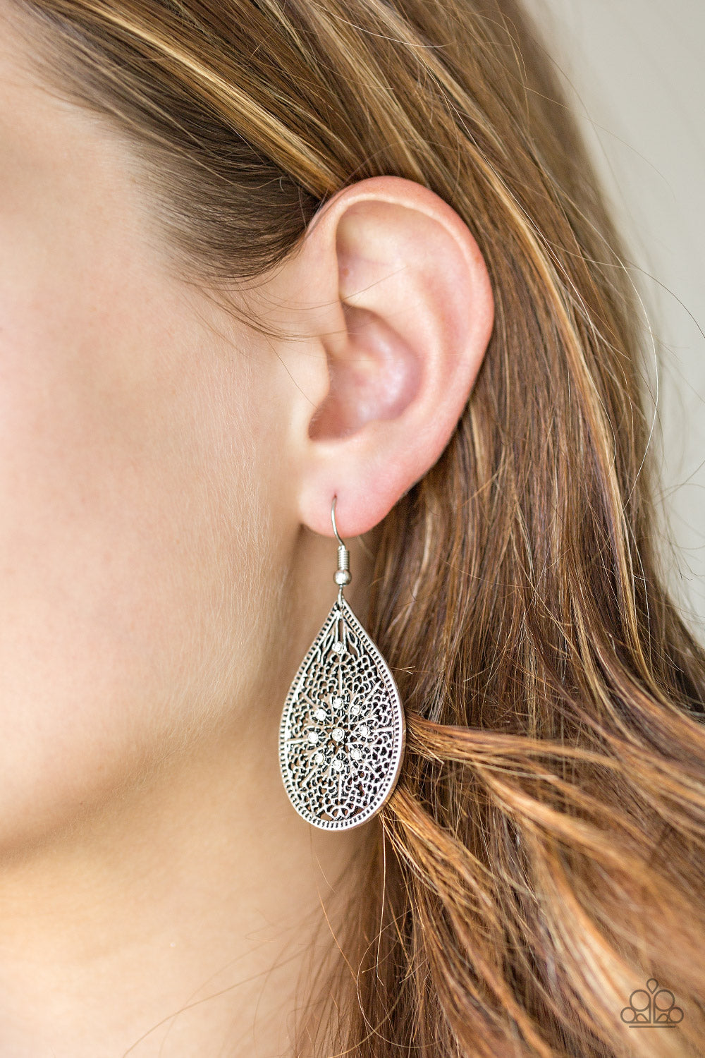 Paparazzi Dinner Party Posh - White - Filigree and Rhinestone Earrings - $5 Jewelry With Ashley Swint