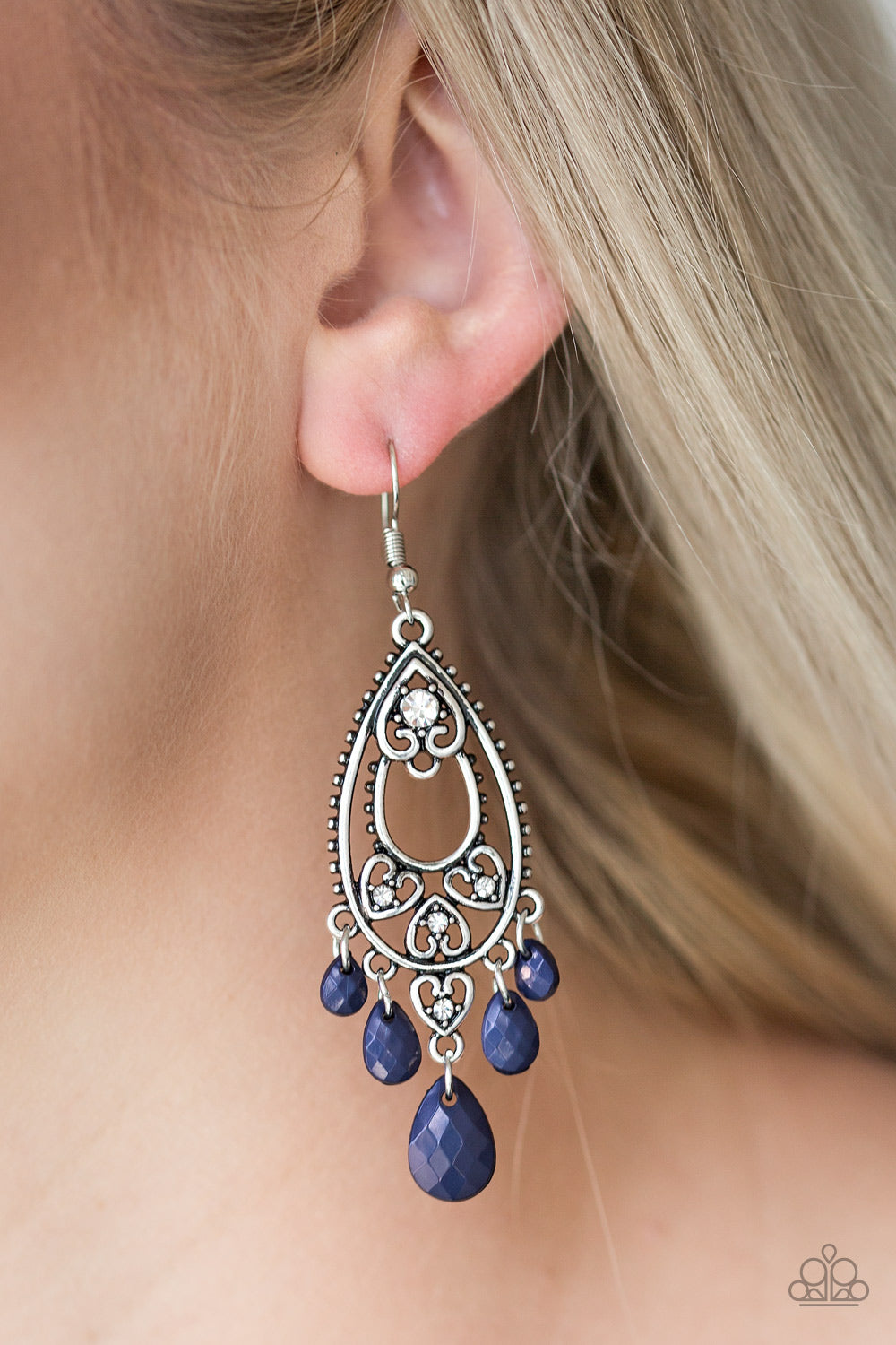 Paparazzi Fashion Flirt - Blue - White Rhinestones - Silver Heart Earrings - $5 Jewelry With Ashley Swint