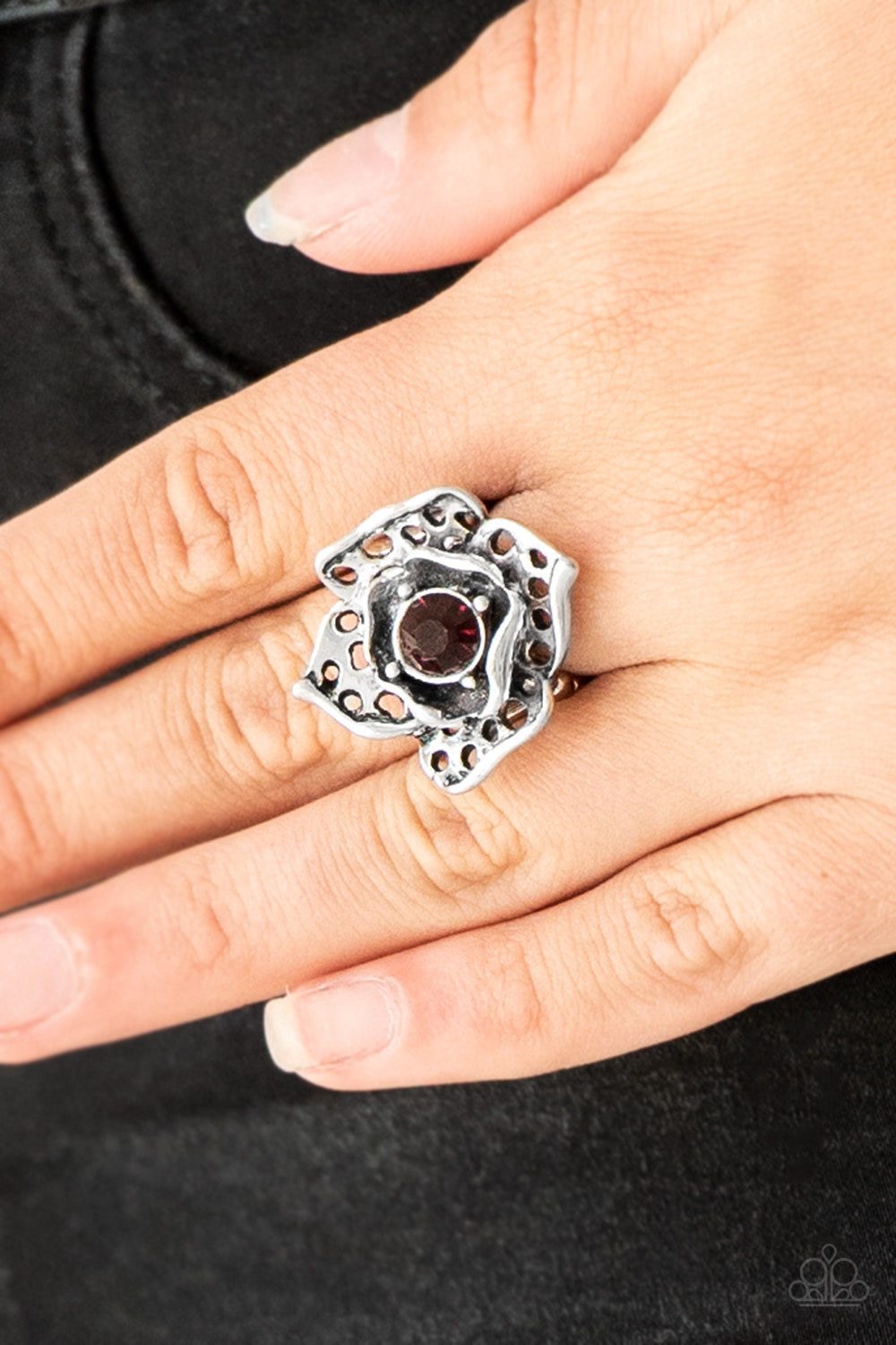 Paparazzi Glowing Gardens - Purple - Rhinestone - Antiqued Silver Petals - Ring - $5 Jewelry With Ashley Swint