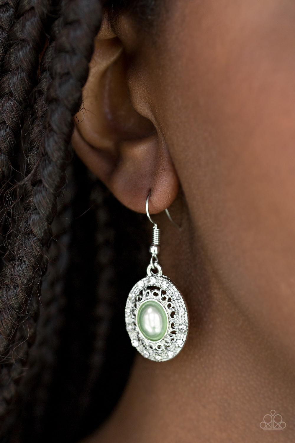Paparazzi Good LUXE To You! - Green - Pearly Bead - Silver Ornate Frame - Earrings - $5 Jewelry With Ashley Swint