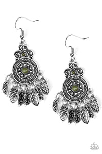 Paparazzi Lower East WILDSIDE - Green Beads - Silver Leaves - Ornate Silver Earrings - $5 Jewelry With Ashley Swint