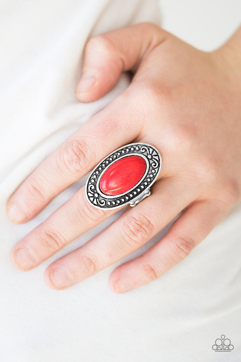 Paparazzi Mesa Meadows - Red Stone - Silver Antiqued Patterns - Ring - $5 Jewelry With Ashley Swint