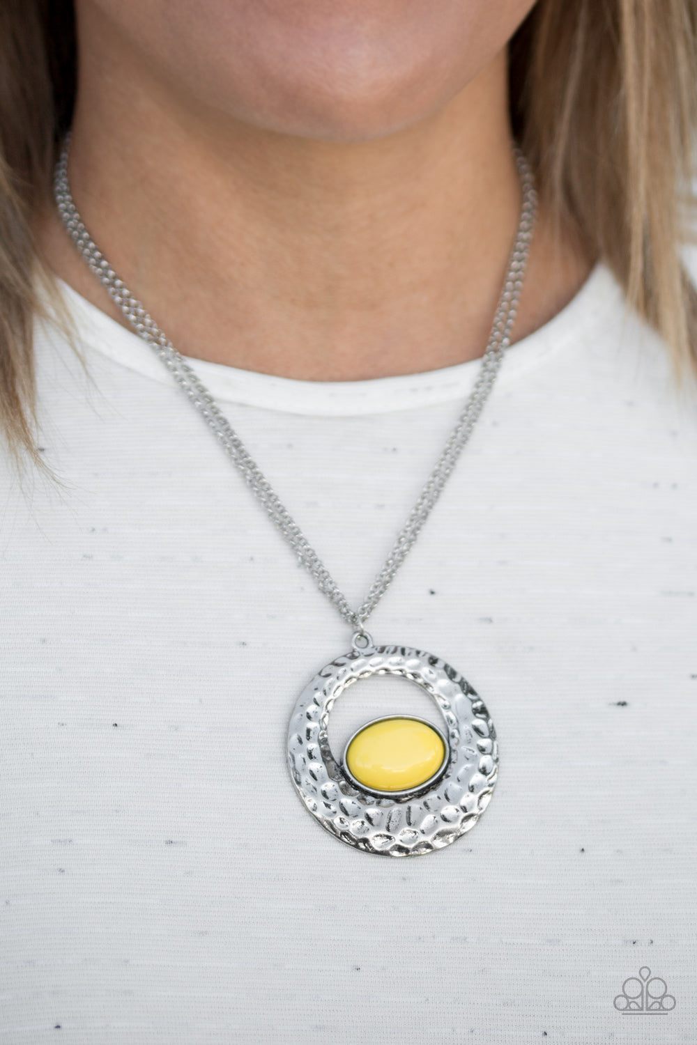 Paparazzi Viva Vivacious - Yellow Bead - Silver Hammered Textures - Necklace & Earrings - $5 Jewelry With Ashley Swint