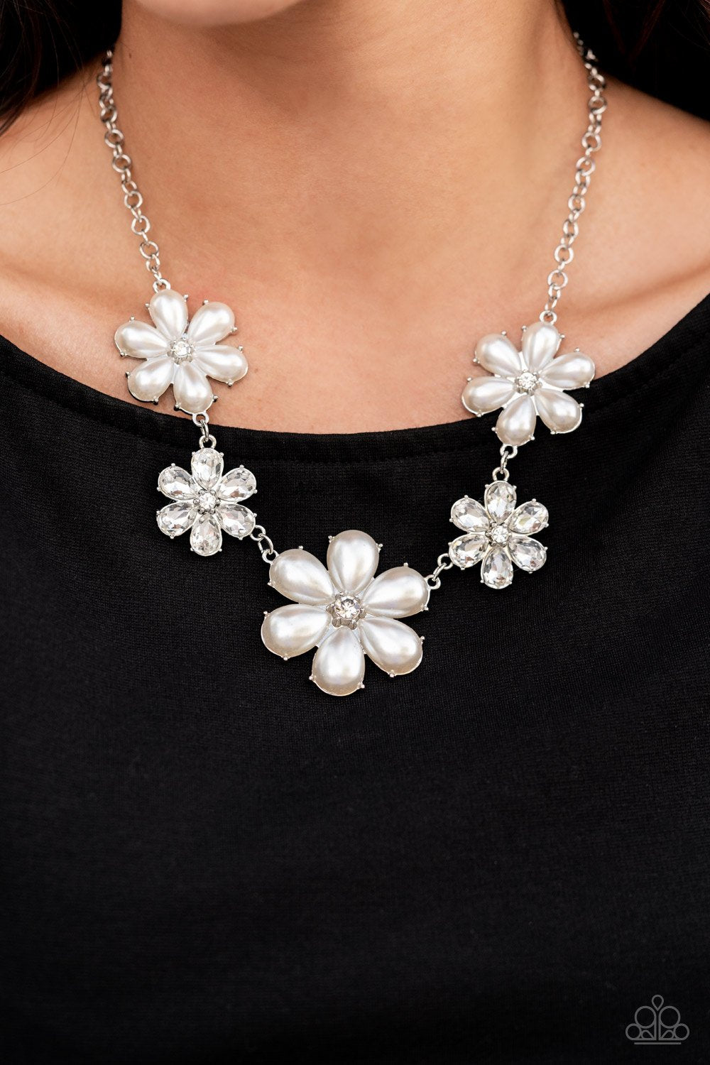 Paparazzi Fiercely Flowering - White - Necklace & Earrings - Life of the Party Exclusive December 2021 - $5 Jewelry with Ashley Swint