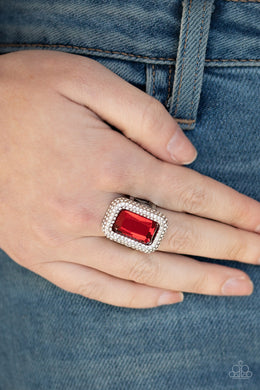 Paparazzi A Grand STATEMENT-MAKER - RED - Emerald Cut - White Rhinestones - Ring - $5 Jewelry with Ashley Swint