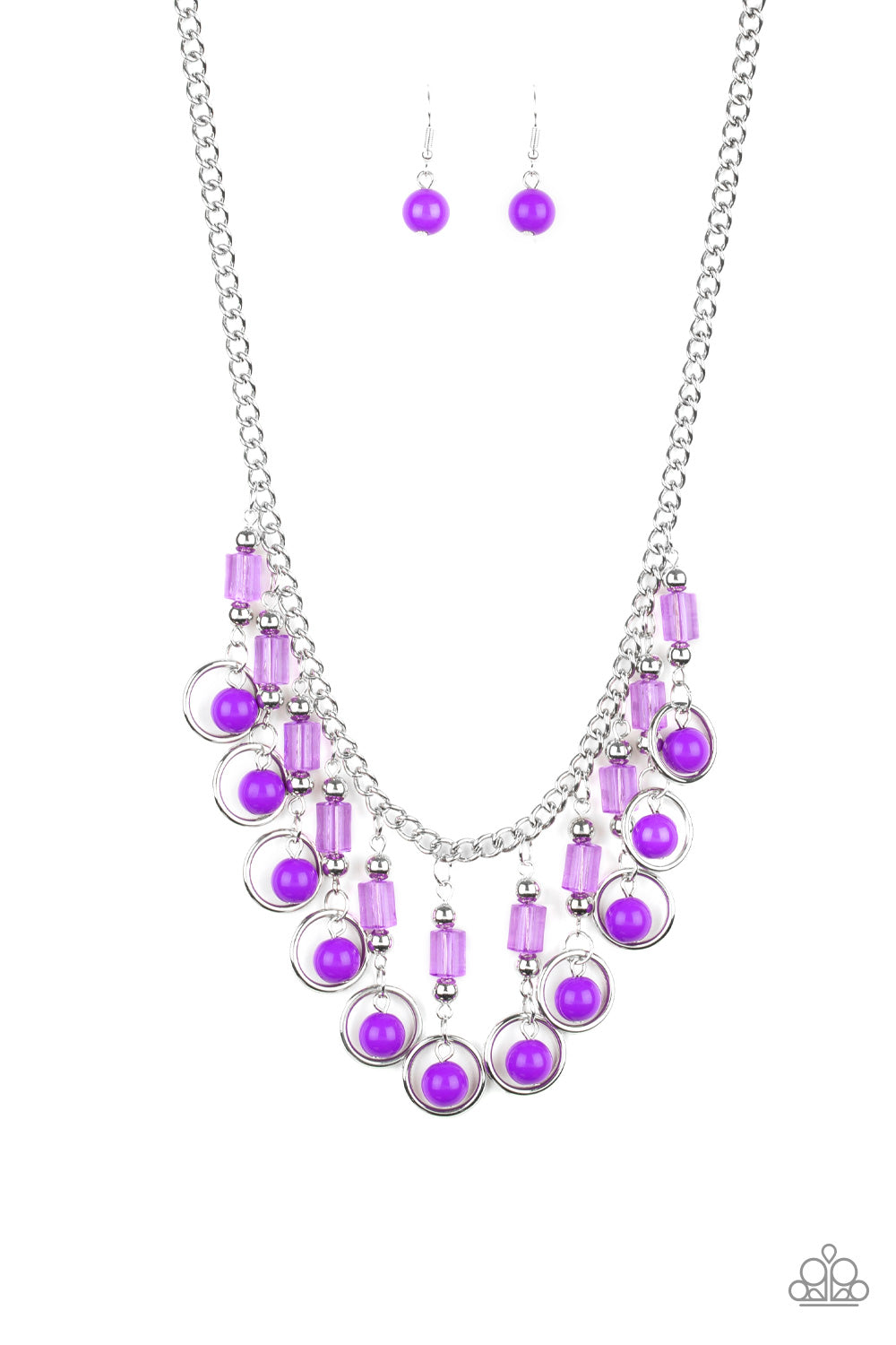 Paparazzi Cool Cascade - Purple - Fringe of Silver, Purple and Crystal Beads - Necklace & Earrings - $5 Jewelry With Ashley Swint